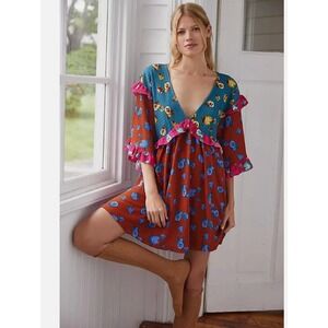 Anthropologie Dress XS Floral Print‎ Ruffle Sleeve Mini Bohemian Colorful